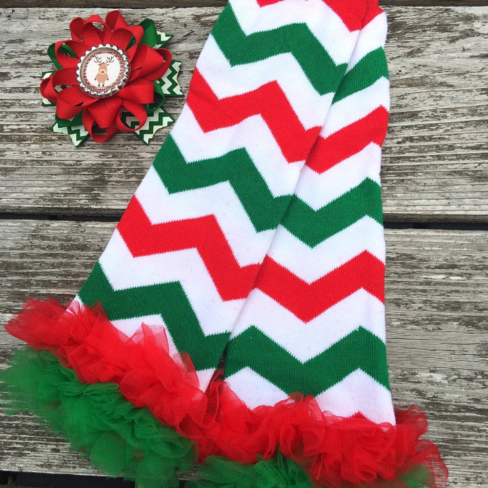 NEW Christmas Chevron Leg Warmer Set with Bow Clip
